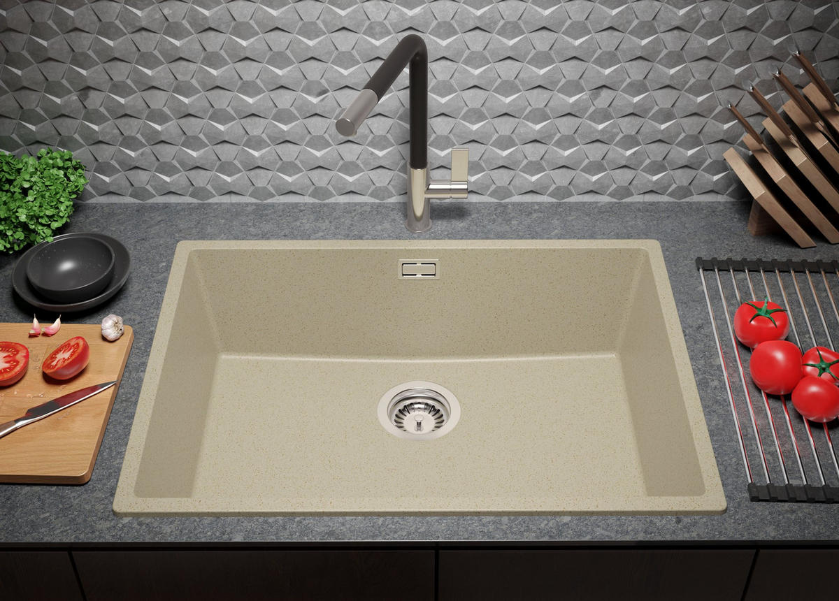 GRANITSPÜLE London Slim, 2-er set Beige 66/47 cm 1 Becken + Küchenarmatur 40/20 cm + Ablauf-Set ab 70er Unterschrank - Beige, Kunststoff (66/20/47cm) - Primagran