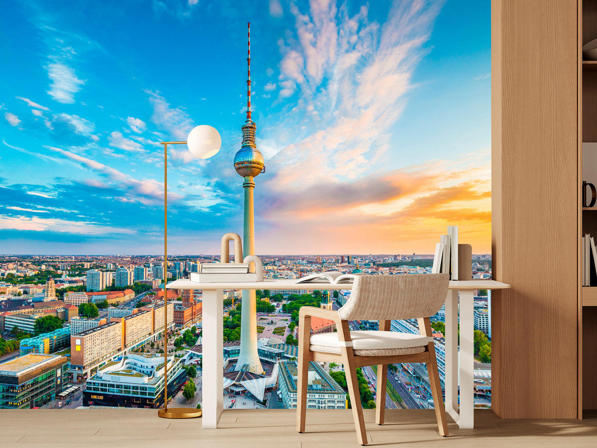 FOTOTAPETA Pre Obývaciu Izbu Televízna Veža Berlín Panoráma Mesta Mrakodrapy 400 x 280 cm - oranžová/hnedá, papier (400/280cm) - Muralo