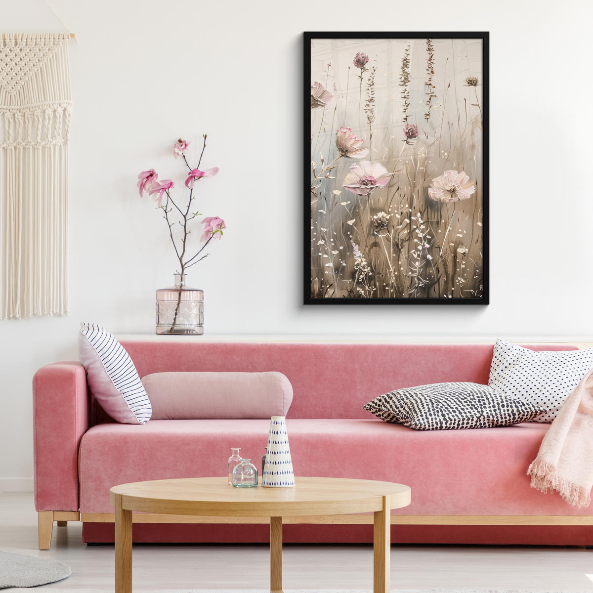 POSTER MIT RAHMEN Blumen - Rosa - Modern - Beige 60x90 cm - Beige, Papier (60/90cm) - MuchoWow