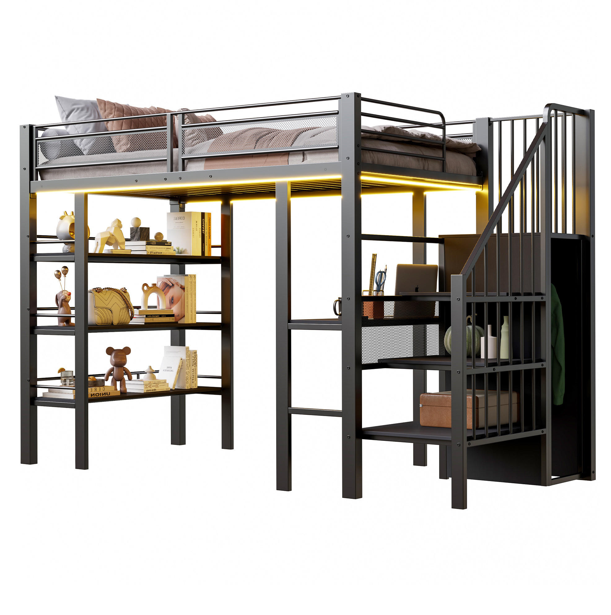 HOCHBETT 90/200 cm mit LED-Lichtleisten, Steckdose, Schreibtisch, Regal und Kleiderschrank, Schwarz - Schwarz, Holzwerkstoff (90/200cm) - Redom