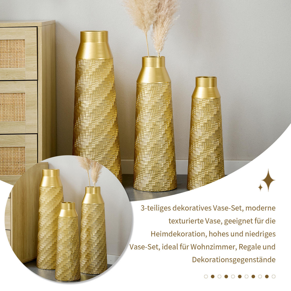 BODENVASE 3-tlg Metallvase Gold 43,5-61cm-Bodenvase mit Textur für Trockenblumen - Weiß, Metall (66.51cm) - Raelunyi