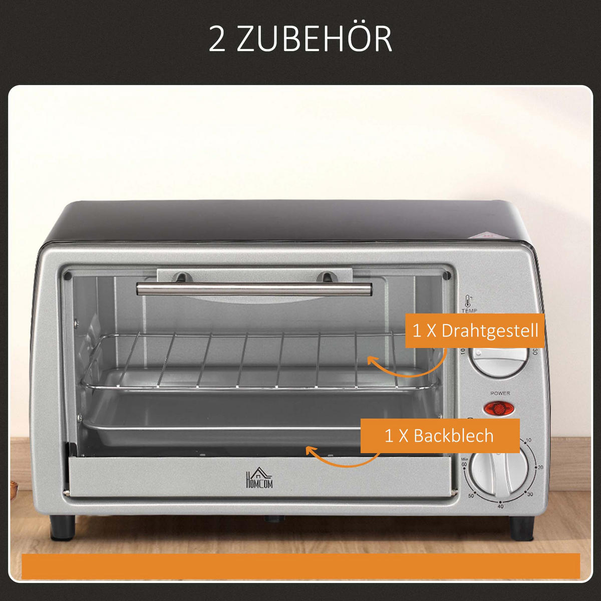 MINIBACKOFEN 10L 750W Elektrobackofen mit Grillrost & Backblech, Einstellbarer Timer und Temperatur, Silber Schwarz - Silberfarben, Metall (36.5/22/26cm) - Beaface