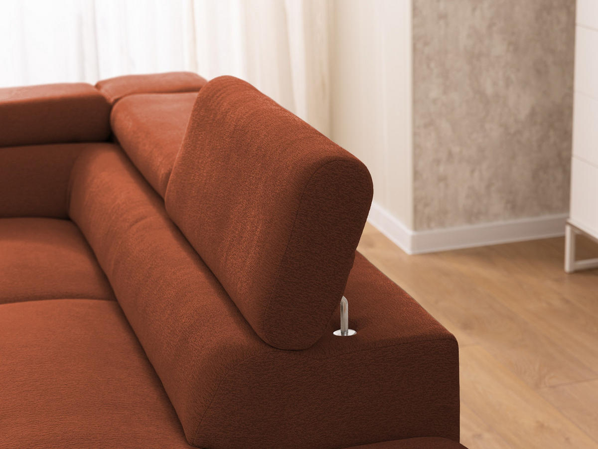 ECKSOFA mit Schlaffunktion und Bettkasten Bonnie aus Terrakotta Chenille-Stoff mit verstellbaren Kopfstützen und Armlehne - Ottomane rechts - Terracotta/Schwarz, Holz/Textil (275/210cm) - S-Style Möbel