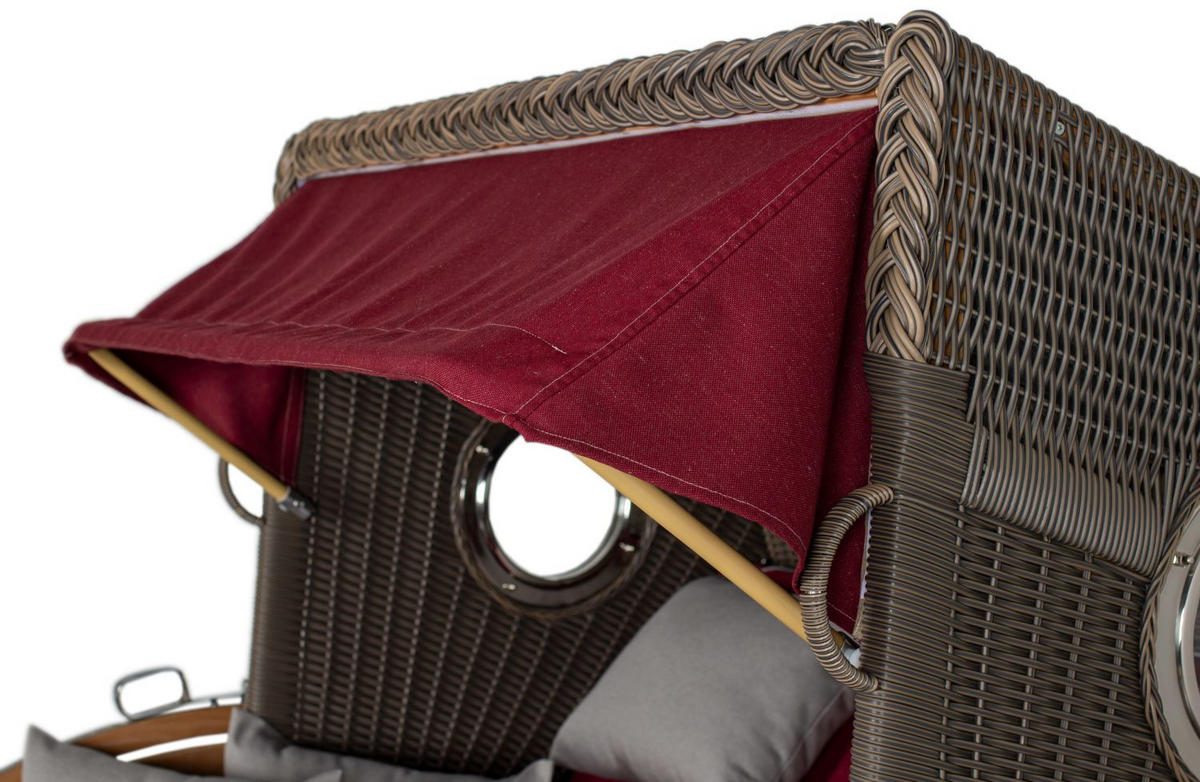 STRANDKORB Komplettset: Borkum XL Teak Bullauge - PE grau - Modell 594 - Rot/Grau, Holz/Kunststoff (142/170/95cm) - bene living