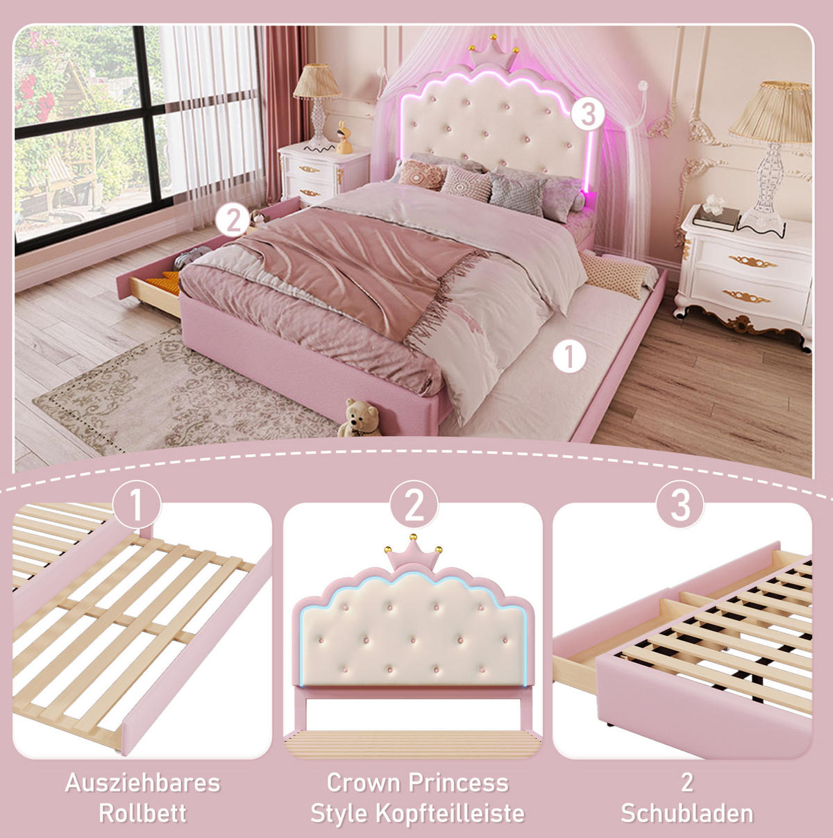POLSTERBETT aus PU 140x200 cm Rosa mit LED-Beleuchtung, Ausziehbett, 2 Schubladen und Kronendesign - Rosa, Kunststoff (140/200cm) - Modfu