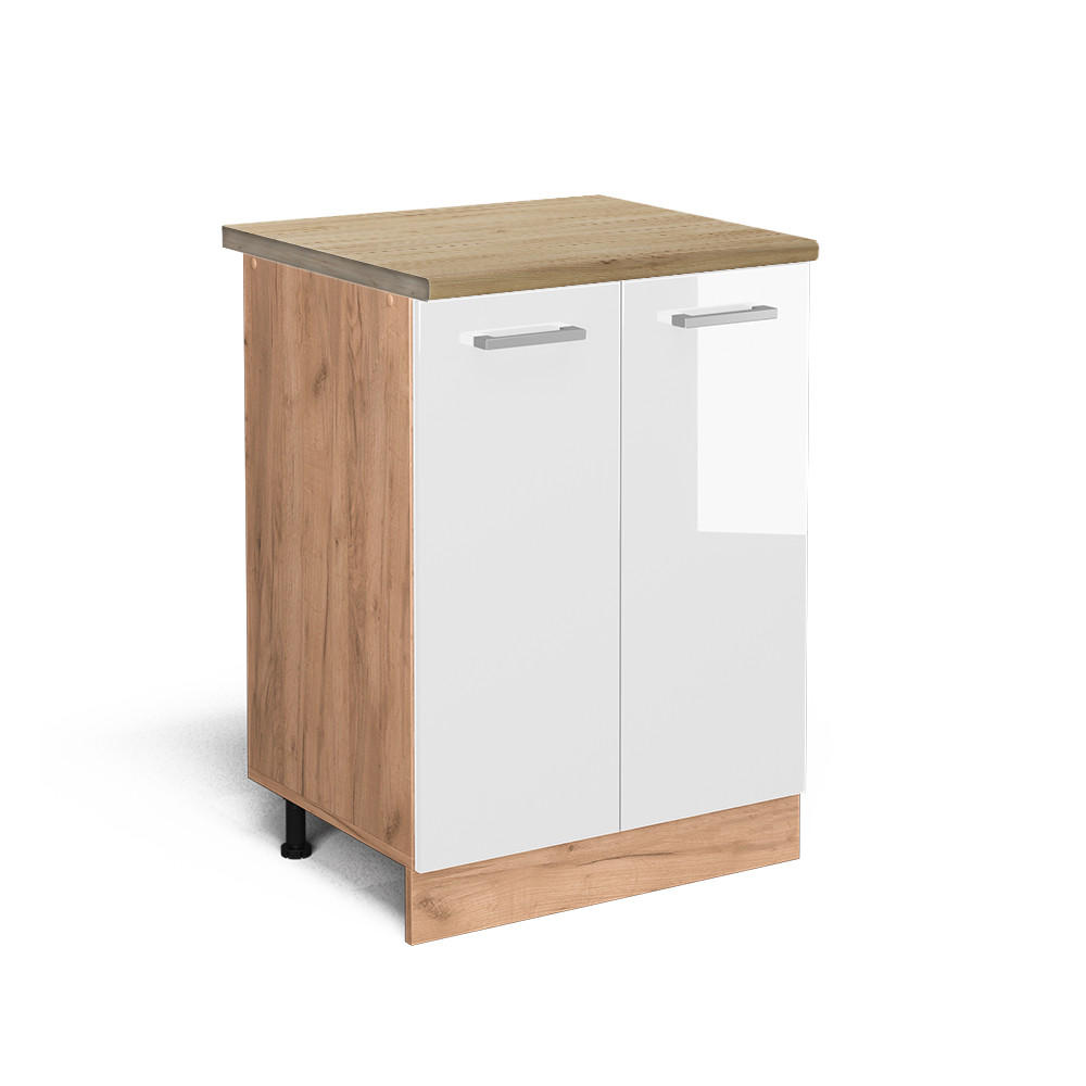 KÜCHENUNTERSCHRANK R-Line Weiß Hochglanz 60 cm, AP Eiche - Honigeiche/Weiß Hochglanz, Holzwerkstoff (60/81.6/60cm) - Vicco