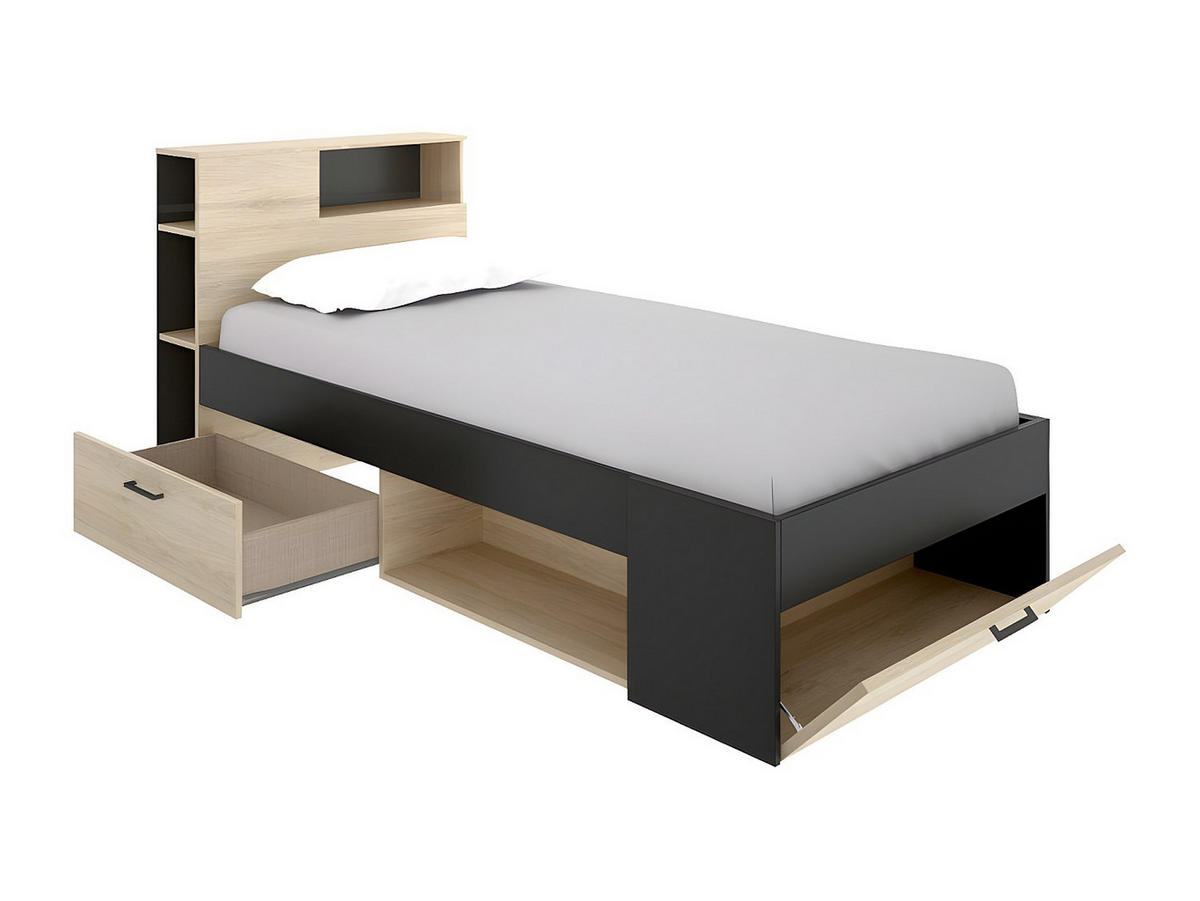BETT mit Kopfteil, Stauraum & Schublade - 90 x 190 cm - Naturfarben & Anthrazit - LEANDRE - Anthrazit, Holz (99.5/218.5cm) - Vente-Unique
