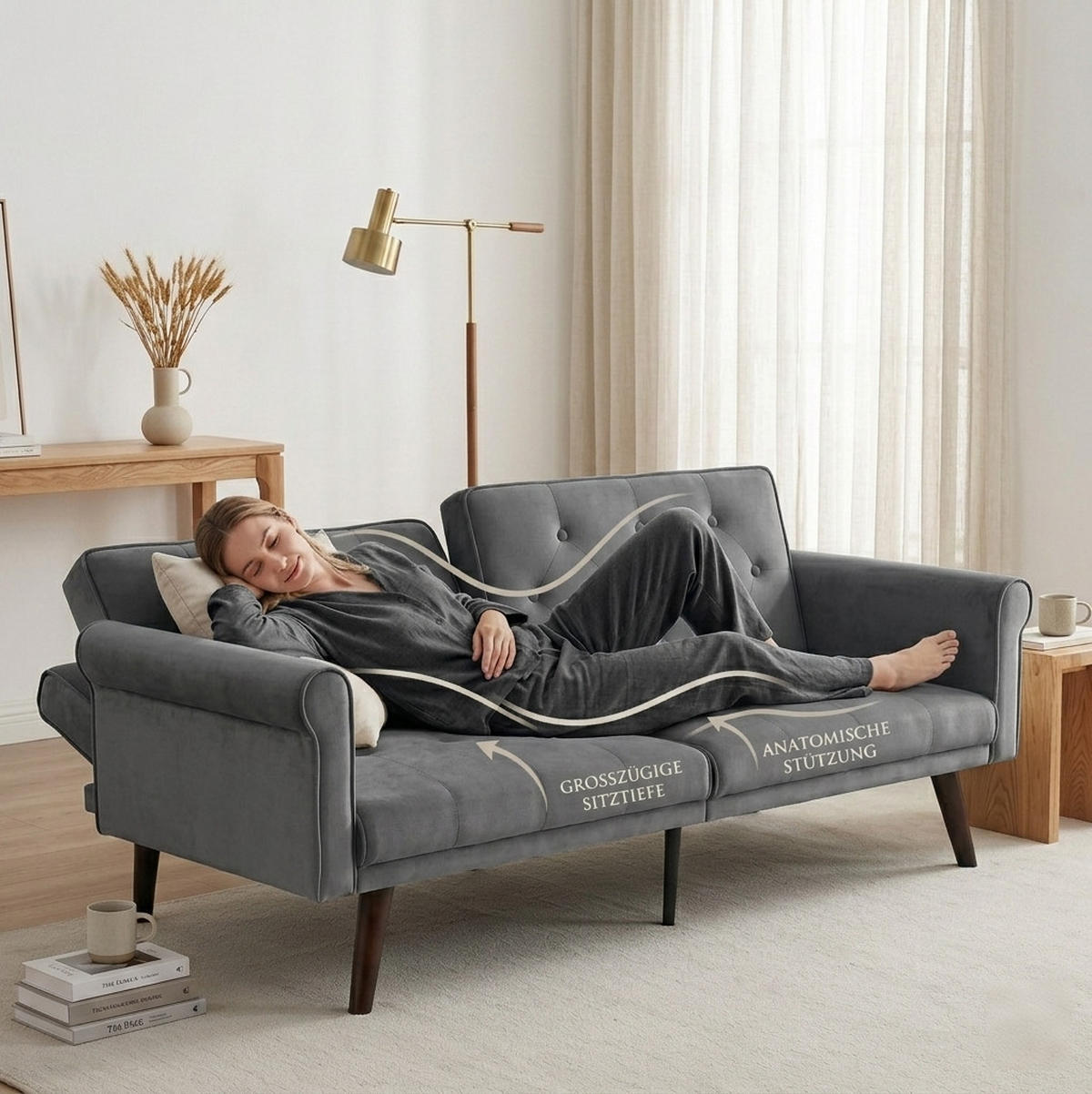 SCHLAFSOFA 2-Sitzer mit verstellbaren Rückenlehnen Samt Grau - Grau, Holzwerkstoff (172/70/89cm) - Meubliv