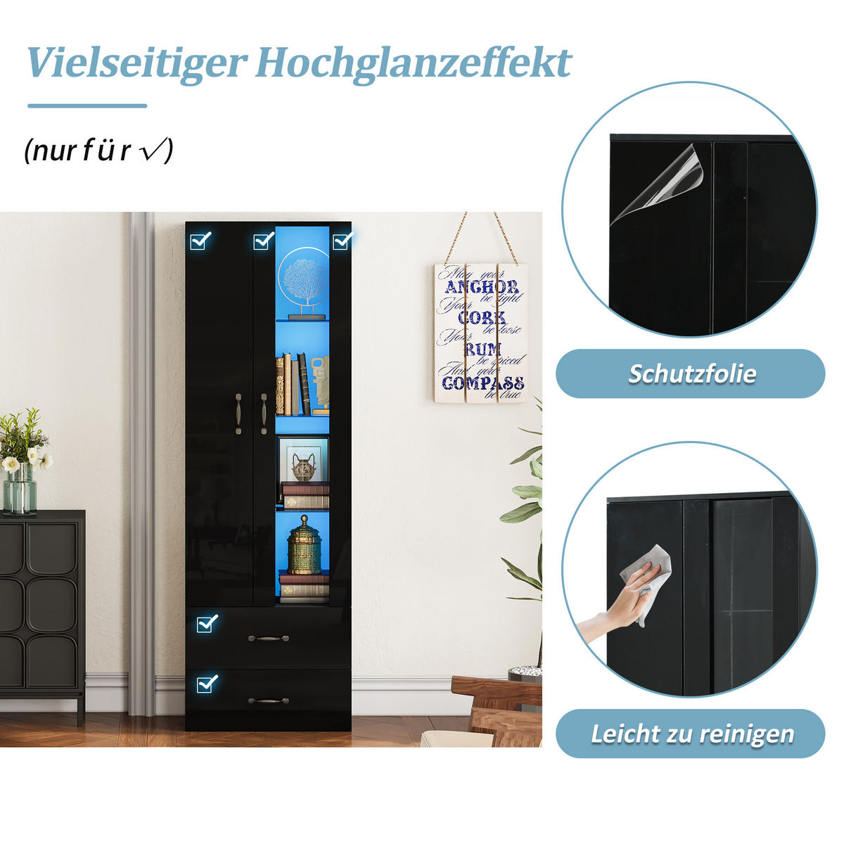 VITRINE LED 2 Türen Standvitrine Glas Schwarz - Schwarz, Holzwerkstoff (59.5/182/35cm) - FLIEKS
