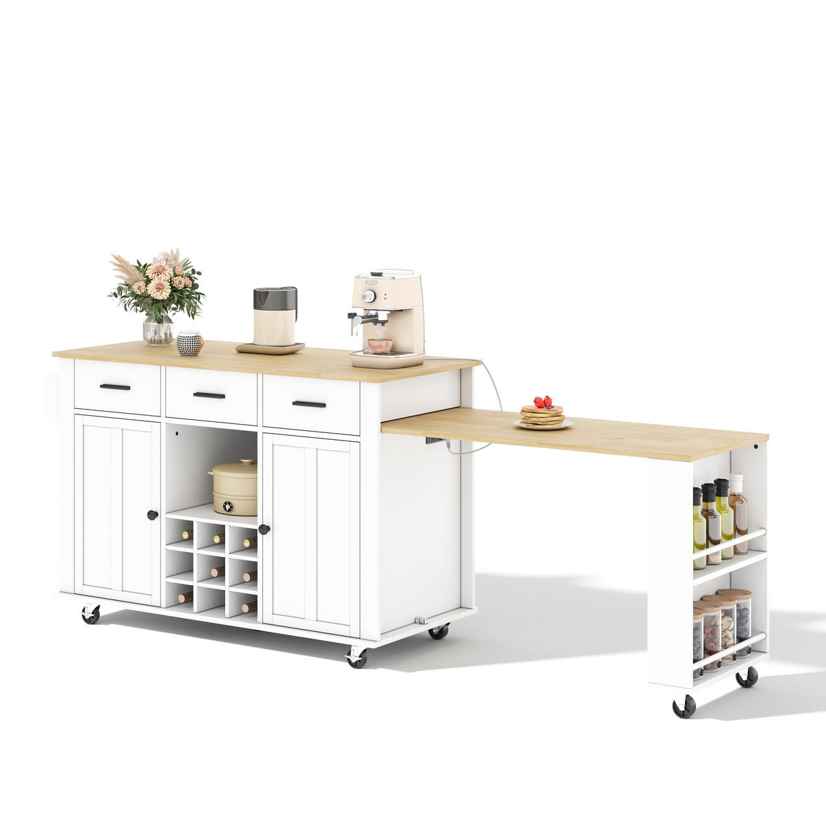 KÜCHENINSEL 93 cm MDF Natur Weiß mit Ausziehbarer Arbeitsplatte und Weinregal - Weiß, Holzwerkstoff (50/93/136cm) - Korfee
