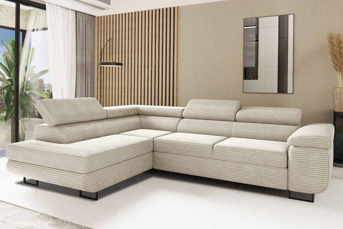 ECKSOFA ATOMIC Mit Schlaffunktion, Stoff Poso, Beige, Links - Beige, Holz (203/277cm) - Kaiser Möbel