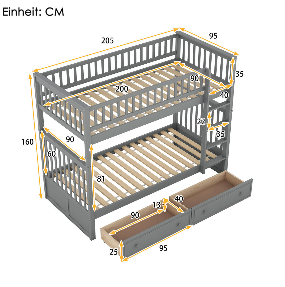 ETAGENBETT, mit 2 Schubladen, umbaubar und platzsparend, 90x200cm, Grau - Grau, Holz (90/200cm) - OKWISH