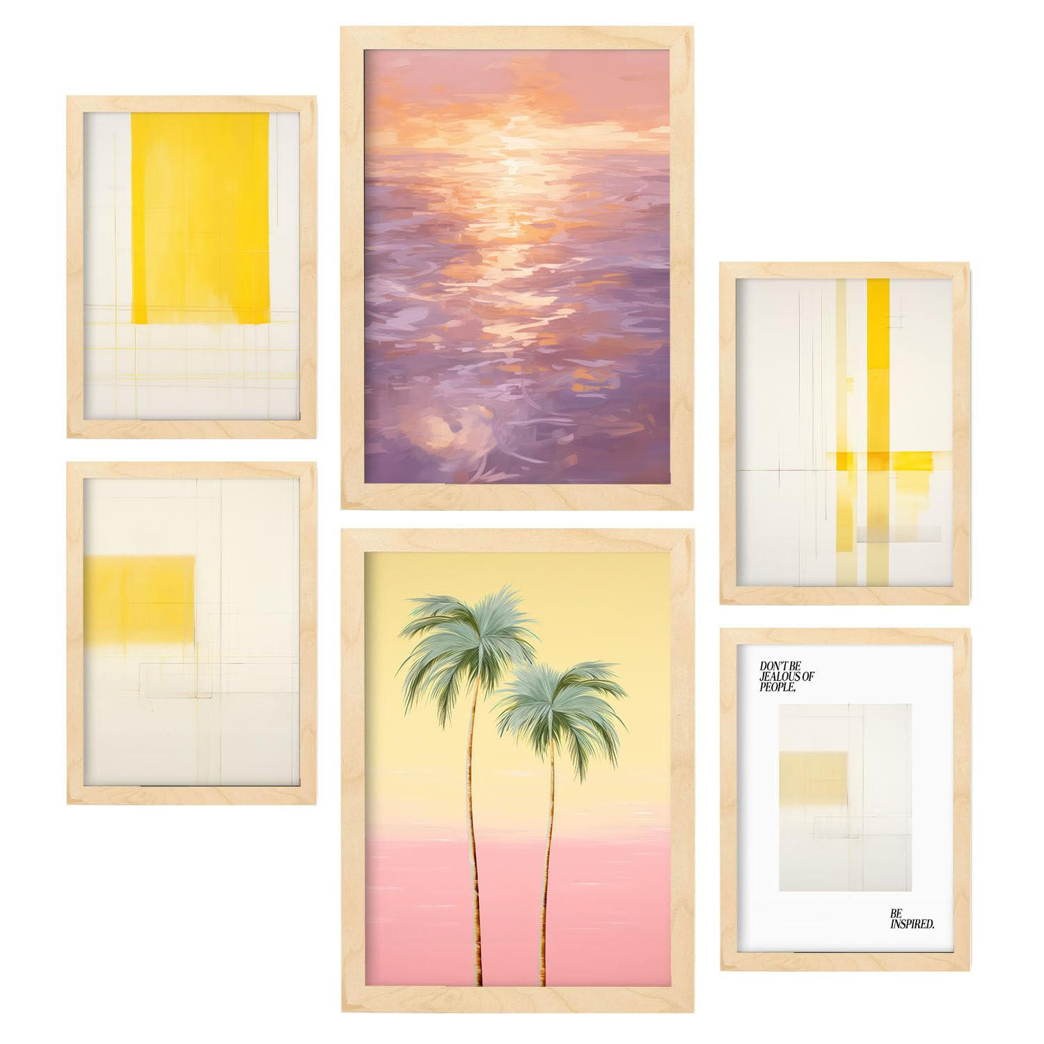 POSTER Set Mit 6 Sommerparadies In Vielseitiger A3 & A4 Rahmen Aus Hellem Holz - Beige, Papier (29/3cm) - Nacnic