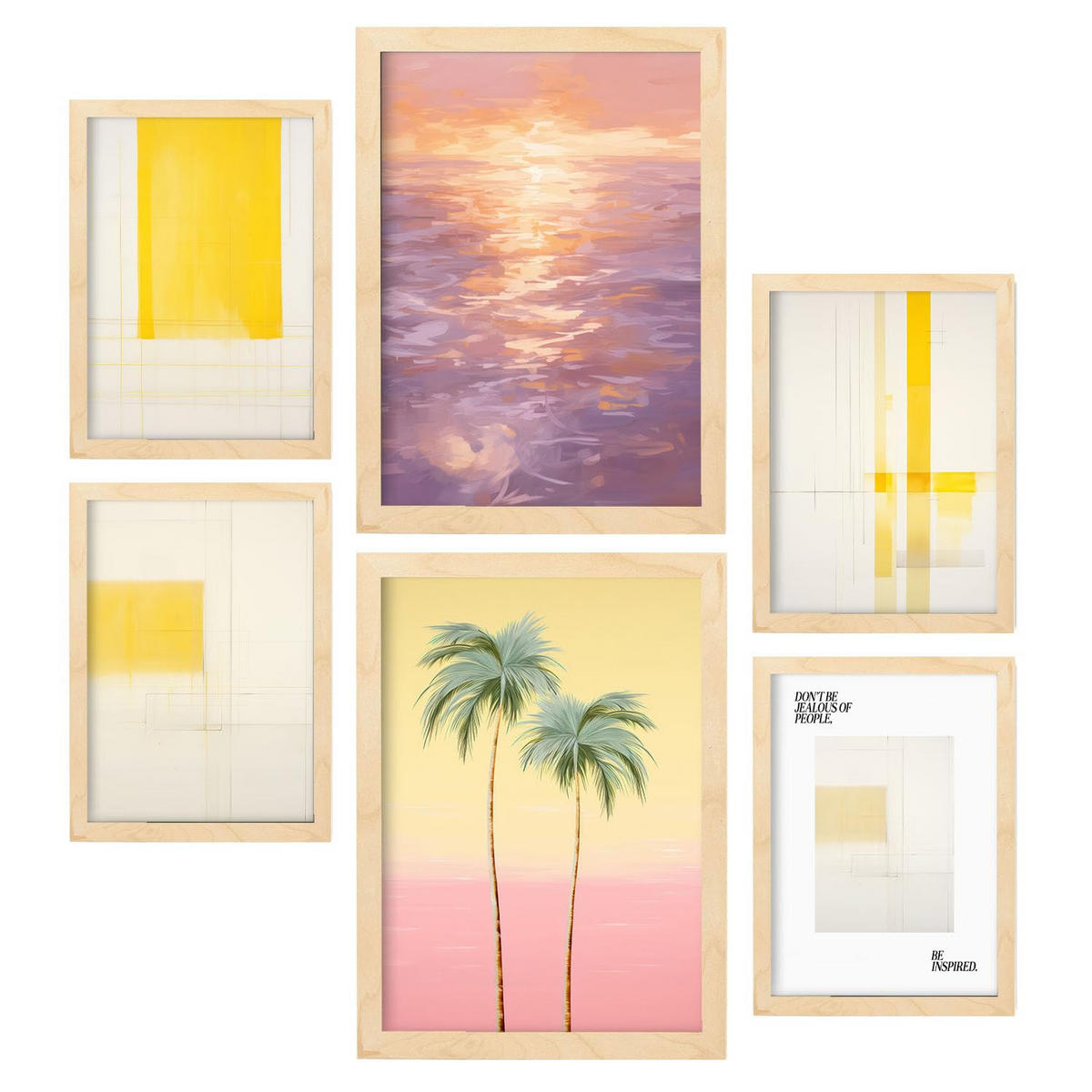 POSTER Set Mit 6 Sommerparadies In Vielseitiger A3 & A4 Rahmen Aus Hellem Holz - Beige, Papier (29/3cm) - Nacnic