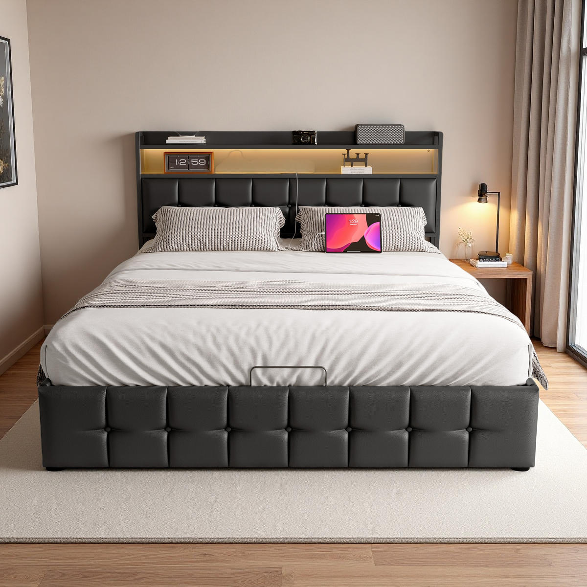 POLSTERBETT 140/200 cm Schwarz mit Bettkasten und USB-Anschlüssen - Schwarz, Holz (140/200cm) - SHOPENTRA