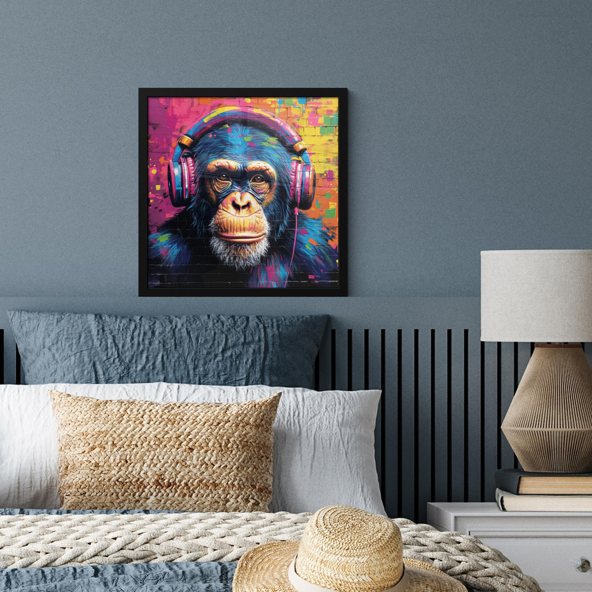 POSTER MIT RAHMEN Graffiti - Schimpanse - Straßenkunst - Kopfhörer - Affe 40x40 cm - Blau, Papier (40/40cm) - MuchoWow