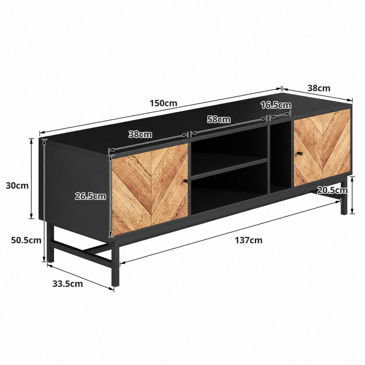 TV-RACK 150x38x55cm Schwarz-Holzoptik mit Stauraum und Metallgestell - Schwarz, Holz (50.8/10.8/163.83cm) - Raelunyi