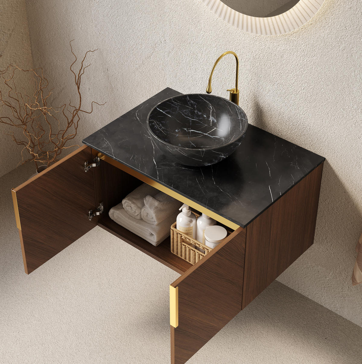 WANDMONTIERTER Badezimmer-Waschtisch aus Keramik und Sinterstein 76x50x55 cm, Schwarz/Braun Eiche, mit 2 Türen und Soft-Close-System - Schwarz, Keramik (76/55.1/50cm) - Modfu