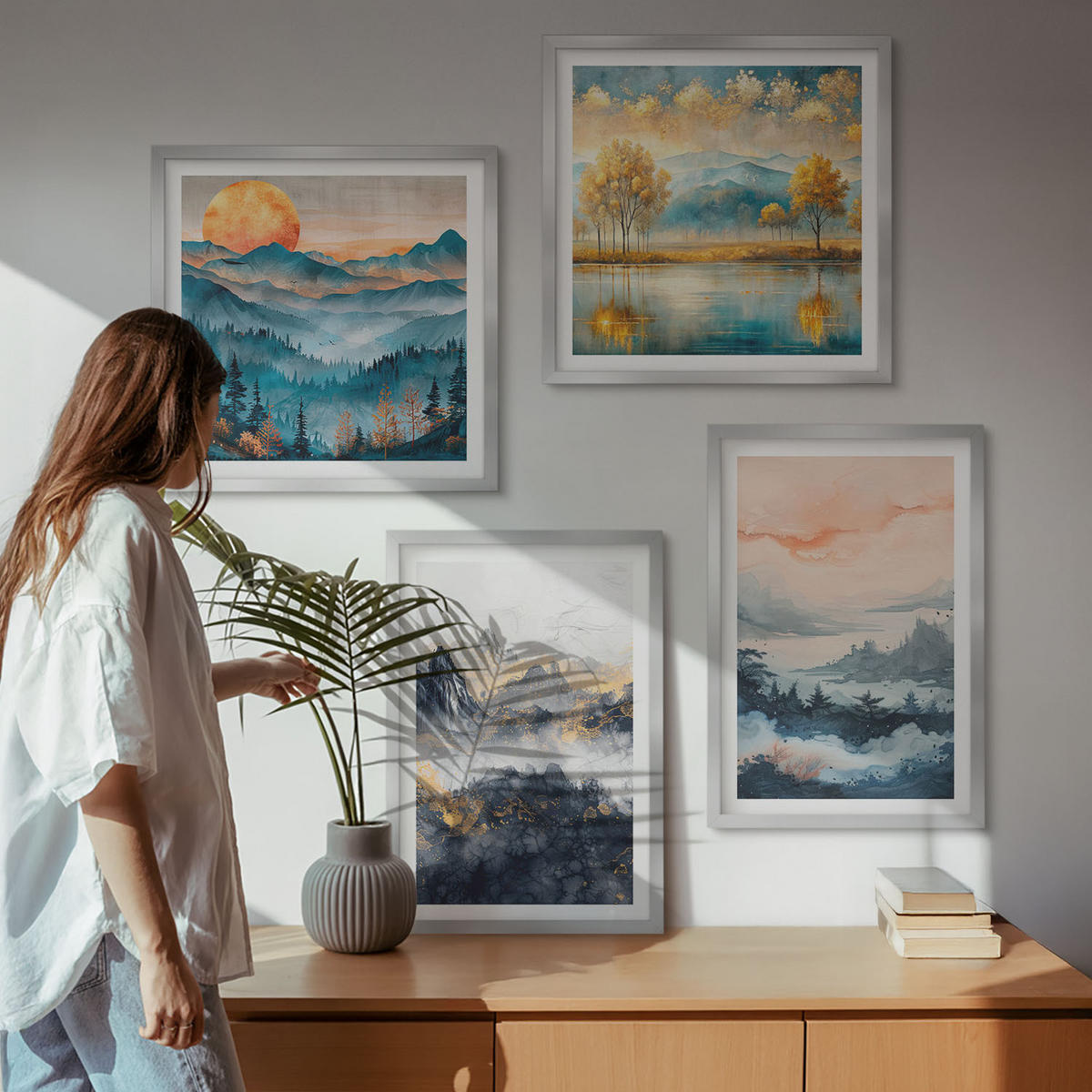 BILDER SET 4er Set - 50x50 cm & 40x60 cm Silberner Rahmen - Gemalte Abstraktionen der Natur - Silberfarben, Kunststoff (50/50cm) - TULUP