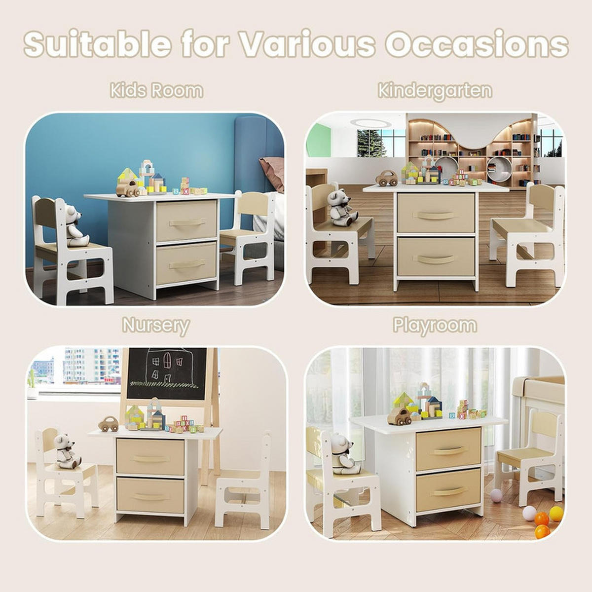 KINDERTISCHE mit Stühlen beige(3-tlg) - Beige, Holzwerkstoff (71/50/48cm) - COSTWAY