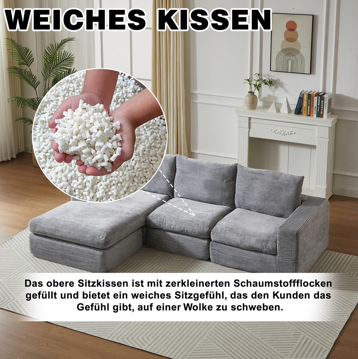 ECKSOFA 251/160/81 cm hellgrau aus Cord mit Chaiselongue, 4 Modulen und 3 Kissen - Hellgrau, Textil (160/251cm) - OKWISH