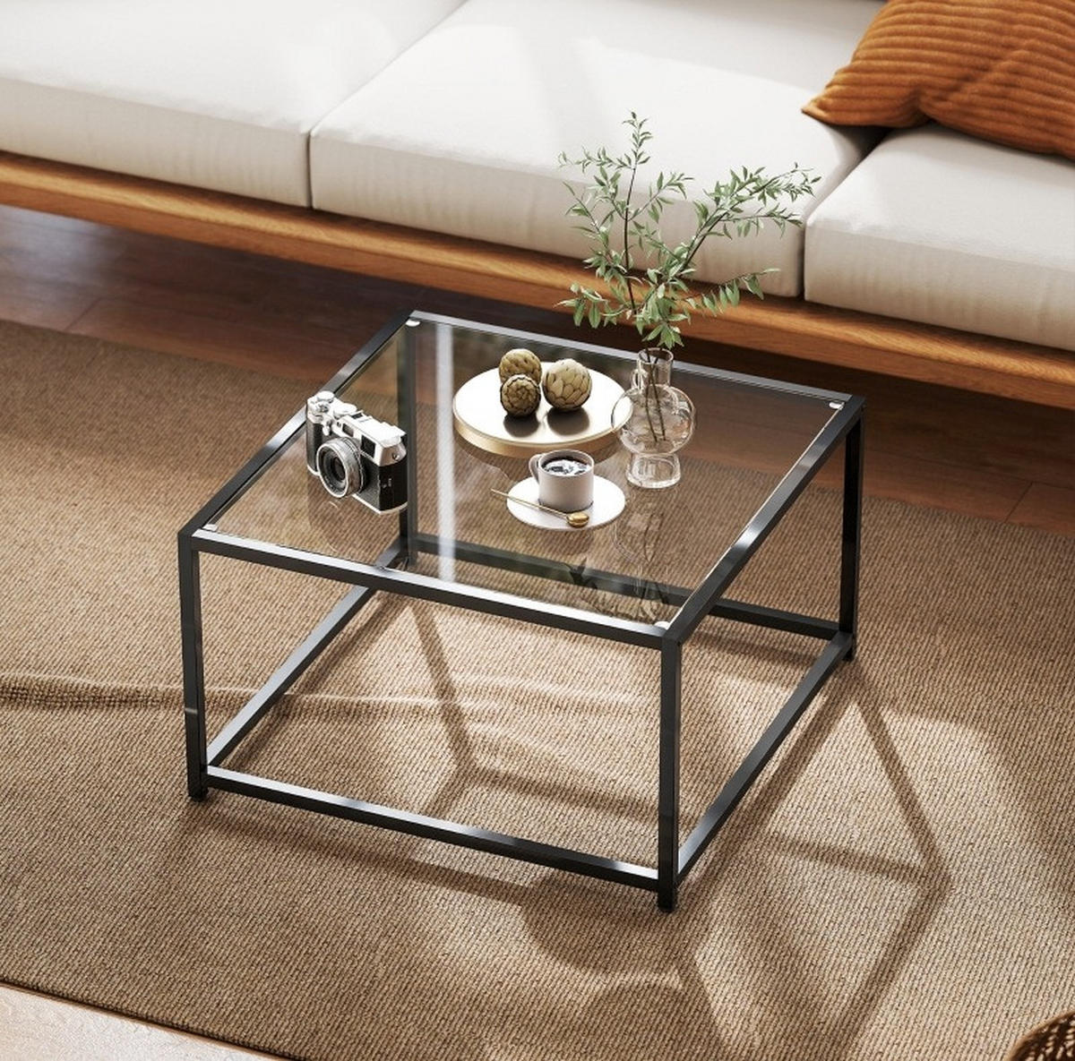 COUCHTISCH 68/68 cm aus gehärtetem Glas und Stahlgestell in Schwarz - Schwarz, Glas (68/68/39cm) - BEAOK