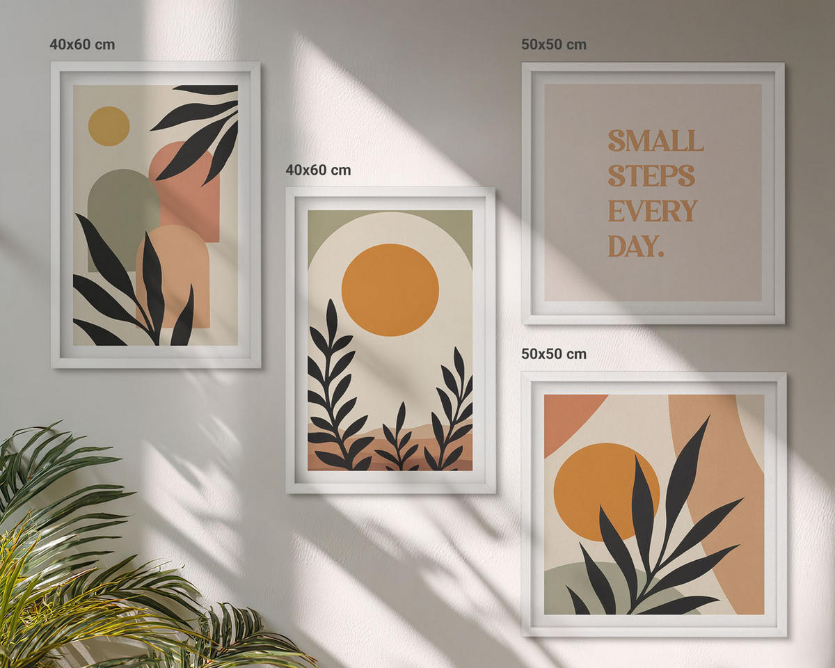 WANDBILDER 4er-Set - 50x50 cm & 40x60 cm Weißer Rahmen - Abstrakte Pflanzenmotive - Weiß, Kunststoff (50/50cm) - ArtPrintCave