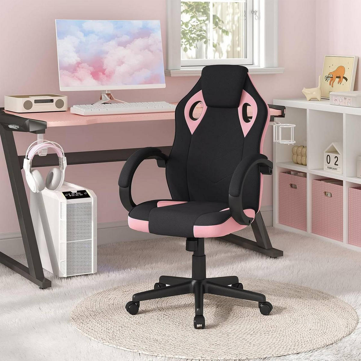 GAMINGSTUHL mit Kopfkissen, Mesh-Gewebe, Rosa+Schwarz - Schwarz/Rosa, Textil/Metall (62/104/72.5cm) - Woltu