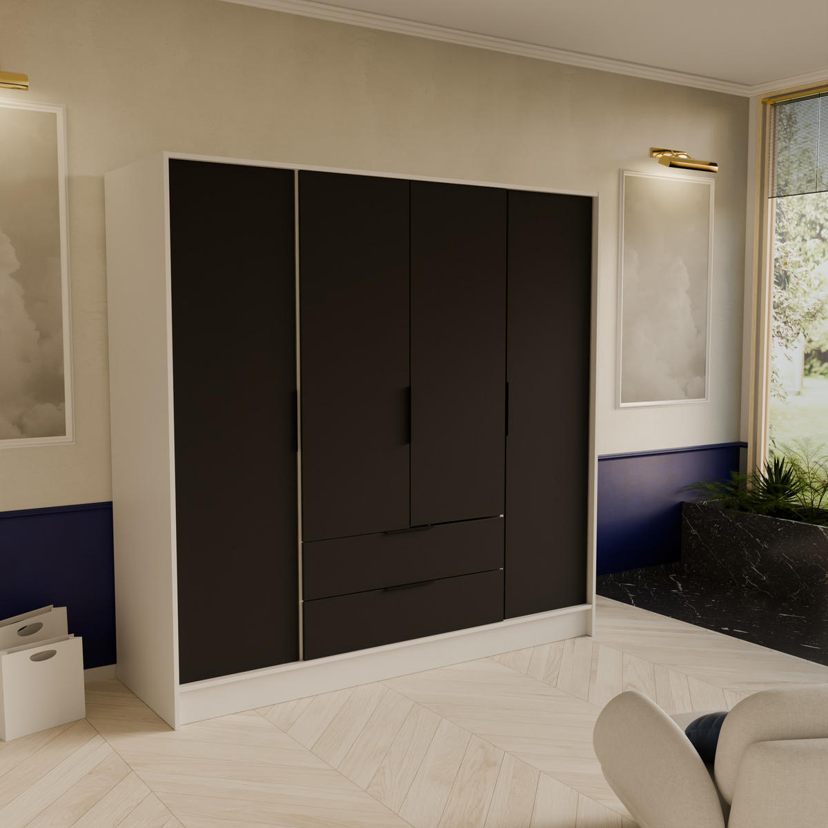 DREHTÜRENSCHRANK CAVA 200/200/51 cm Modern Kleiderschrank 4-türig Weiß - Schwarz/Weiß, Holzwerkstoff (200/200/51cm) - MASSENO
