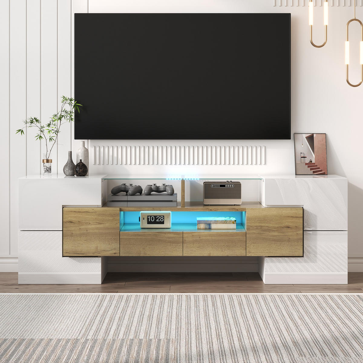 TV-LOWBOARD aus Spanplatte und MDF 145x30x51 cm Weiß-Gold mit LED-Beleuchtung und Stauraum - Weiß, Holzwerkstoff (145/51/30cm) - IVMEU