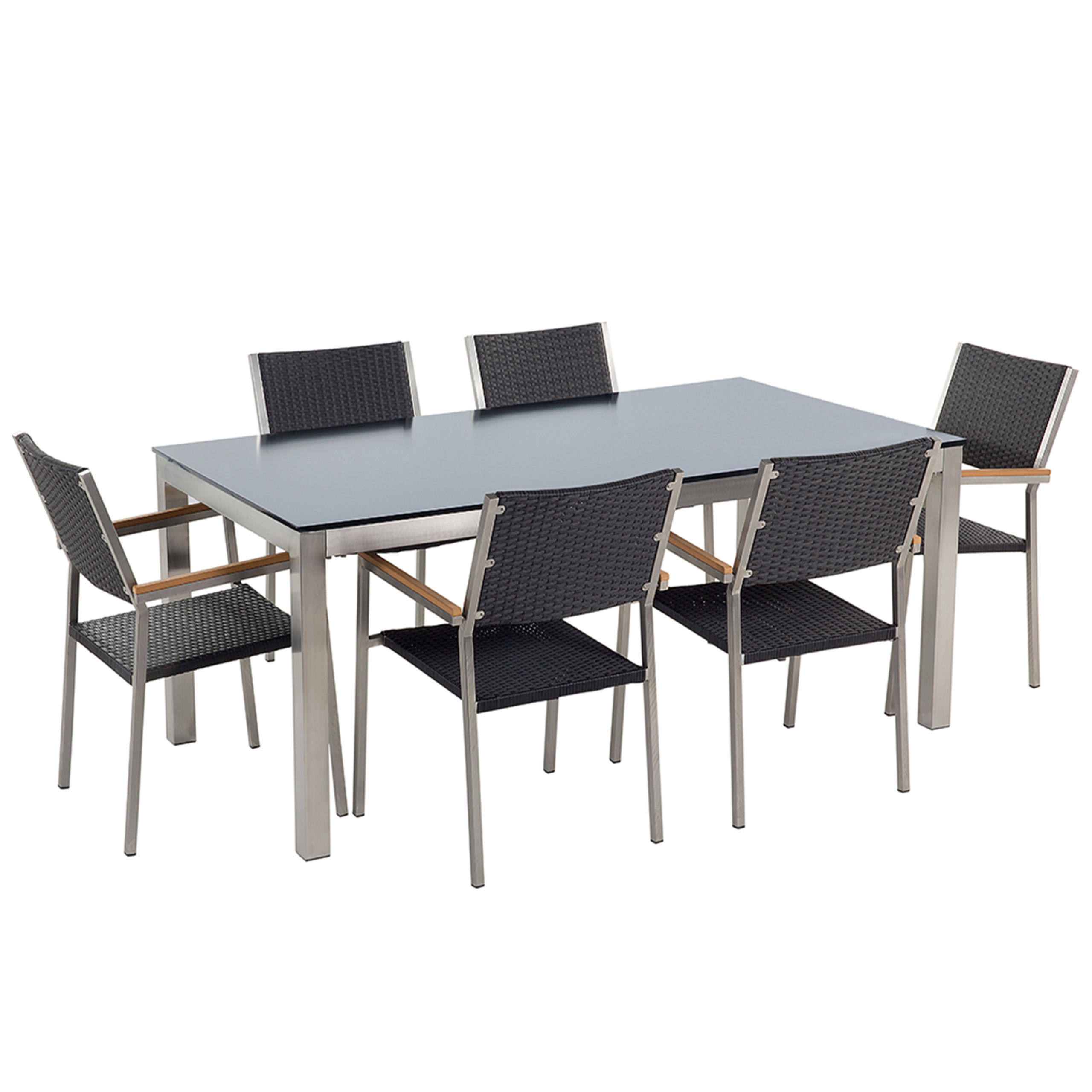 GARTENMÖBEL-SET 6-Sitzer Glasplatte schwarz Rattan schwarz Grosseto - Silberfarben/Schwarz, Glas - Beliani