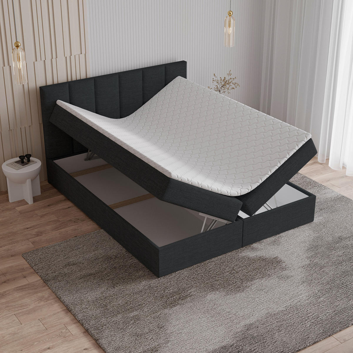 BOXBETT MERIL 140x200 cm mit Matratze und Topper - Schwarz - Anthrazit, Holz (140/200cm) - MASSENO