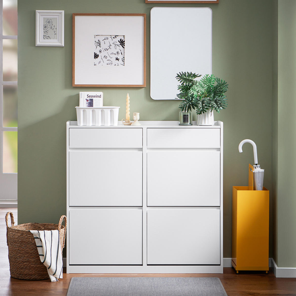 SCHUHKIPPER mit 4 Klappen, Schuhschrank schmal, 98x95x19cm Weiß - Weiß, Holz (98/95/19cm) - SoBuy