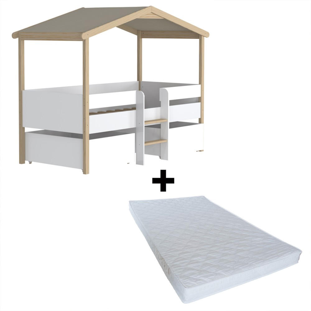 HAUSBETT mit Matratze und Schubladen/ Kinderbett 90x190 PILOTI - Weiß und naturfarben - Multicolor, Holz (90/190cm) - Weber Industries