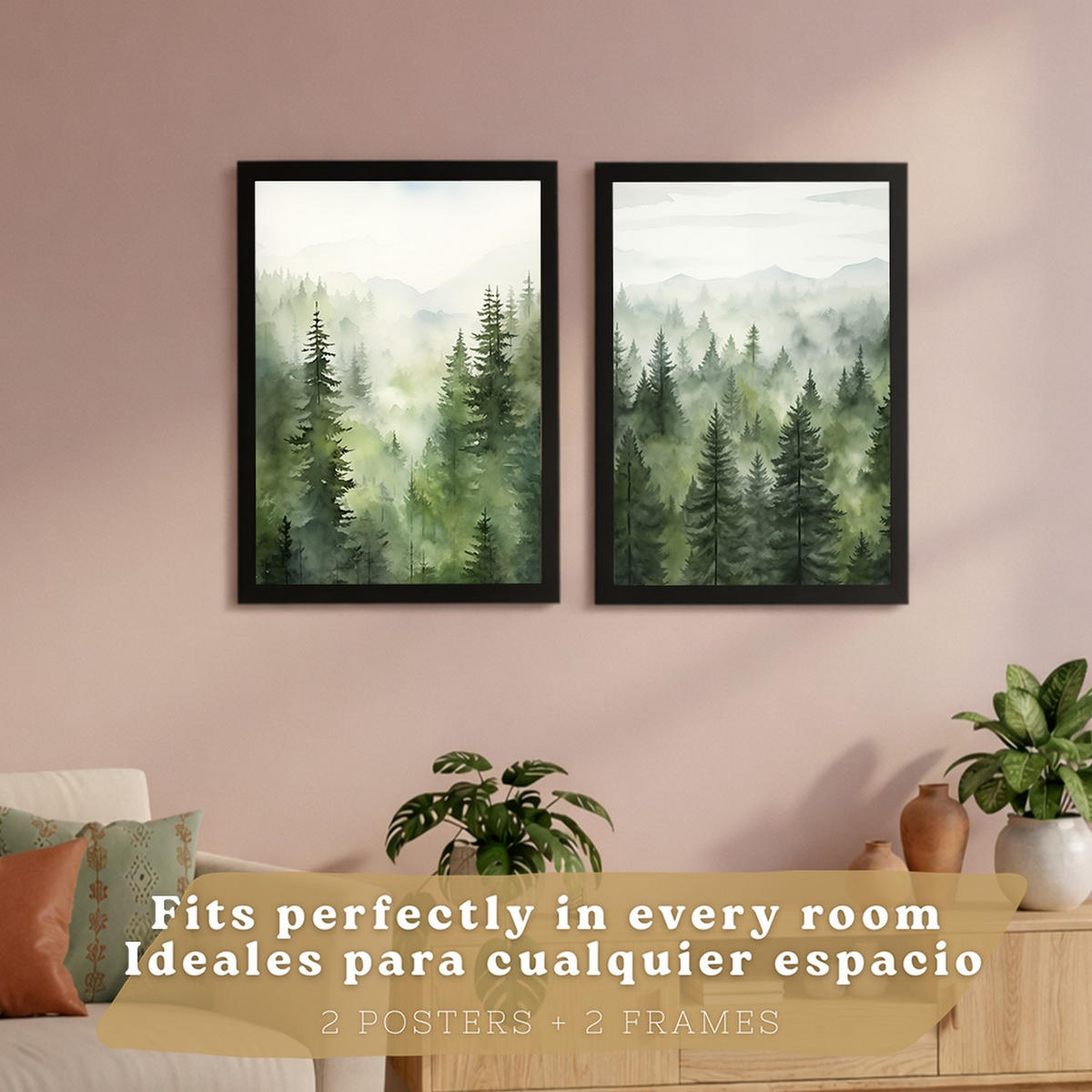 PLAKAT Sada 2 dekorativních tisků Nordic Forest Landscape obývák Obrázky - Zelené dekorativní plakáty Dekorace ložnice Obývací pokoj A4 černý rám - černá, papír (29.7/42/3cm)