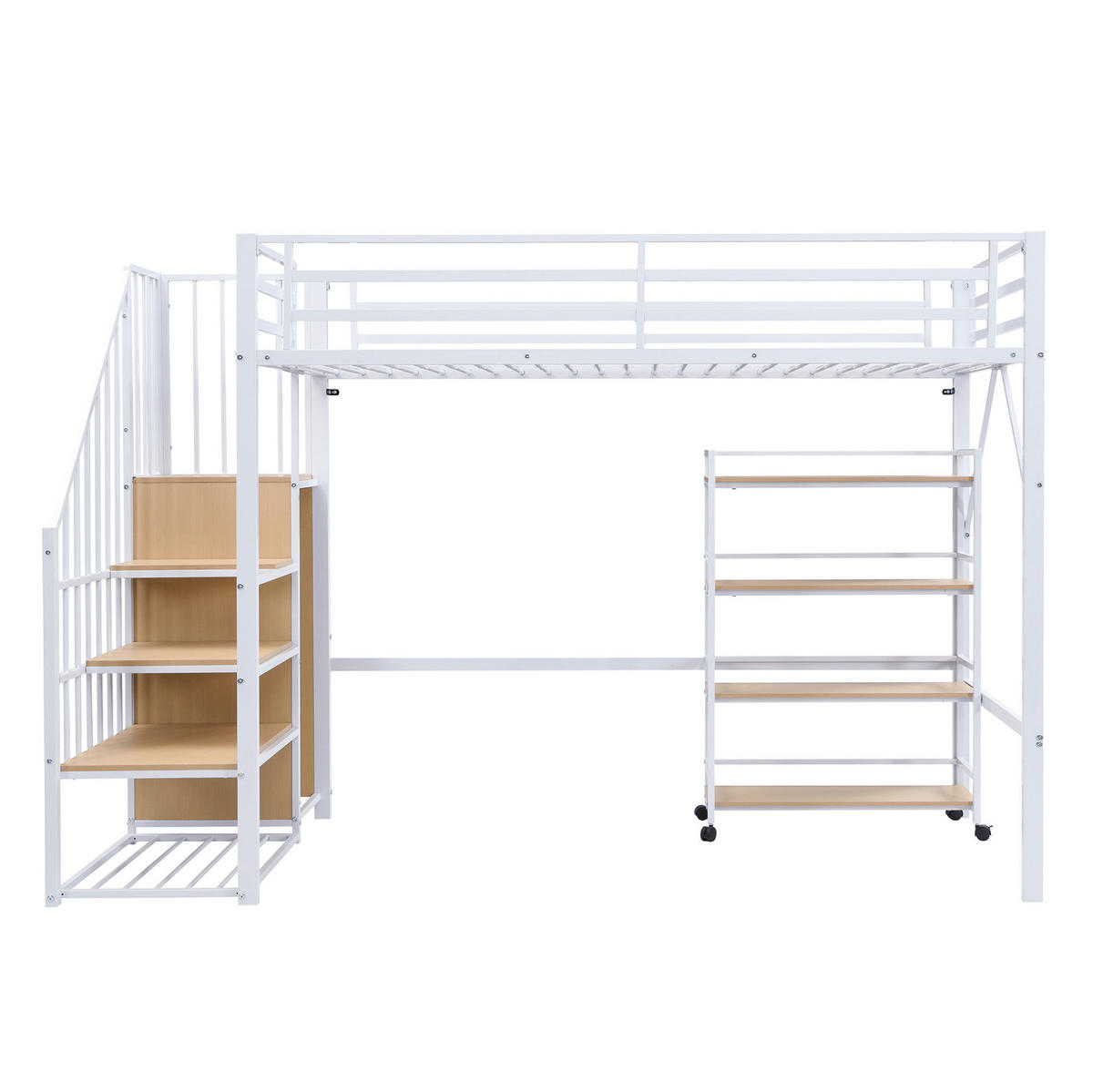 HOCHBETT 90/200 cm mit Eckleiterschrank, 4-stufigem Rollregal und Sicherheitsgeländer, Metall & Holz, Weiß/Natur - Weiß, Metall (90/200cm) - Redom
