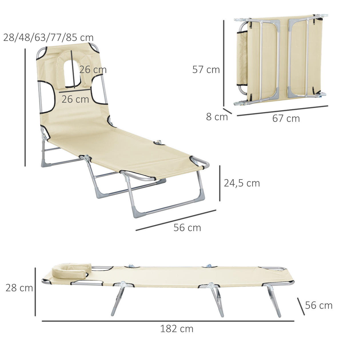 KLAPPSTRANDLIEGE, Einheitsmodell, Beige, 5-fach verstellbare Kopf- und Rückenlehne, Leseöffnung, 182 x 56 x 28 cm - Weiß, Metall (182/28/56cm) - Vallsero