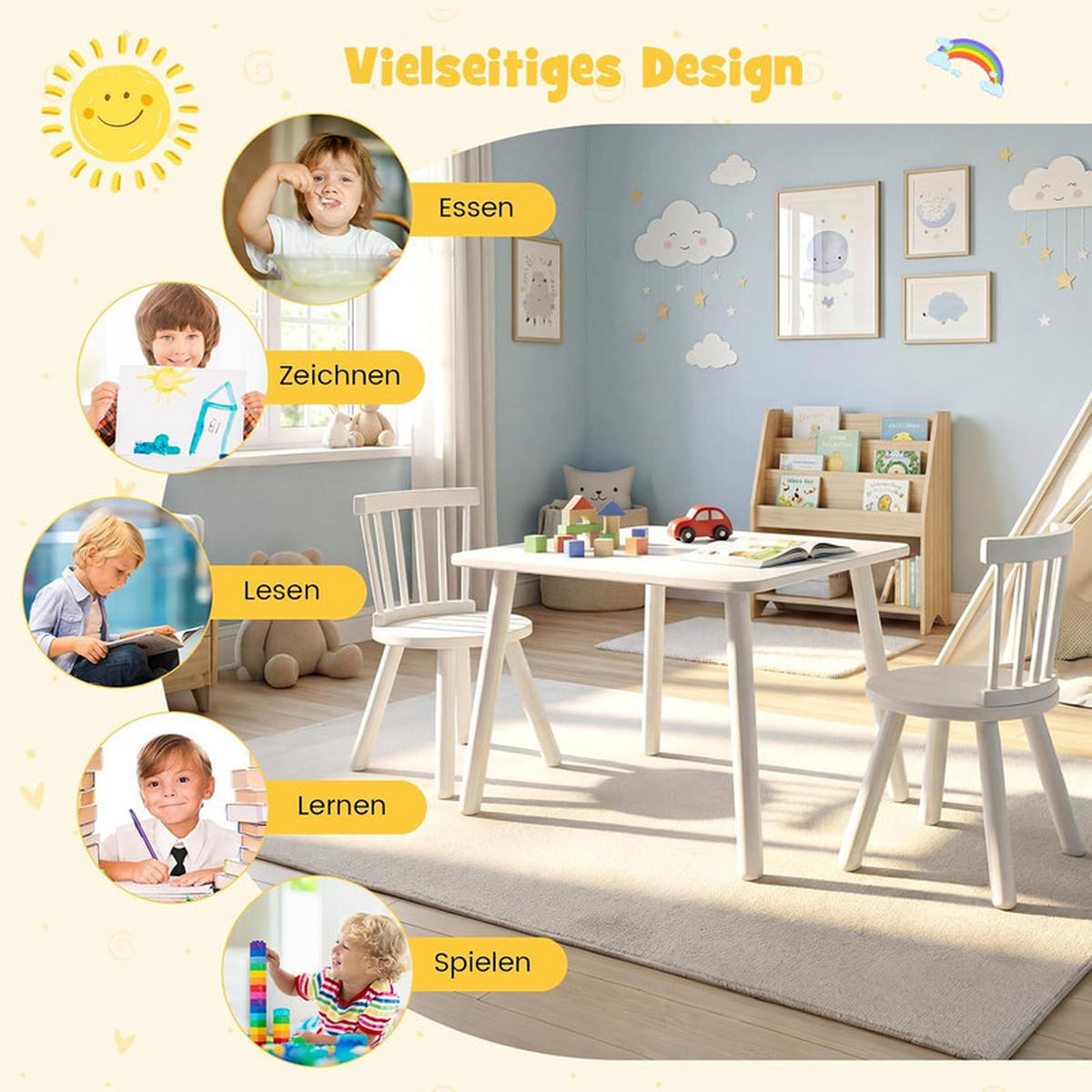 KINDERTISCH mit 2 Stühlen weiß(3-tlg) - Weiß, Holzwerkstoff (60/43.5/60cm) - COSTWAY