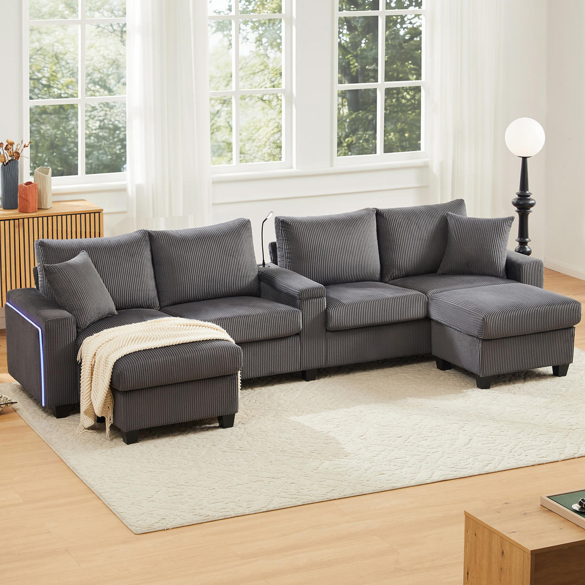WOHNLANDSCHAFT DE-33399 U-Form mit LED und 2 Hockern Grau - Grau, Metall (334/81/128.5cm) - ComfortXL