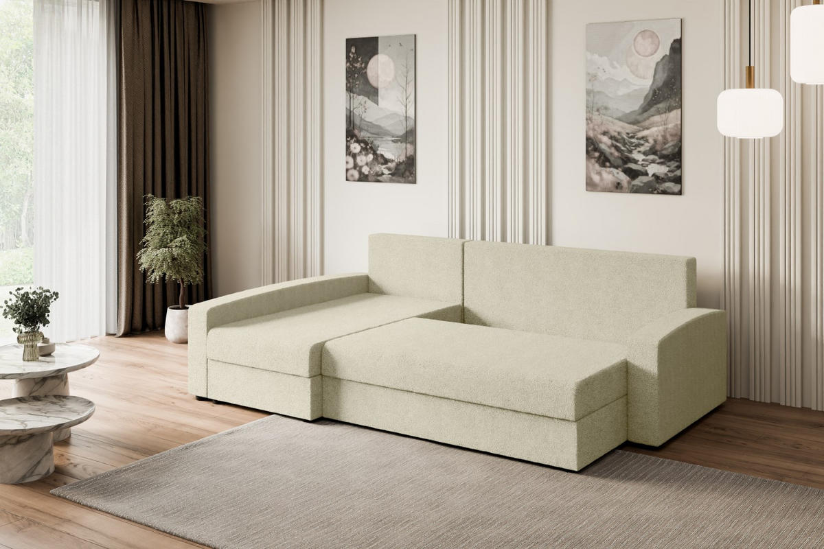 ECKSOFA mit Schlaffunktion und Bettkasten ALESIA-L 231x140x90 cm Beige Bouclé - Beige/Silberfarben, Holzwerkstoff/Kunststoff (231/140cm) - ALTDECOR