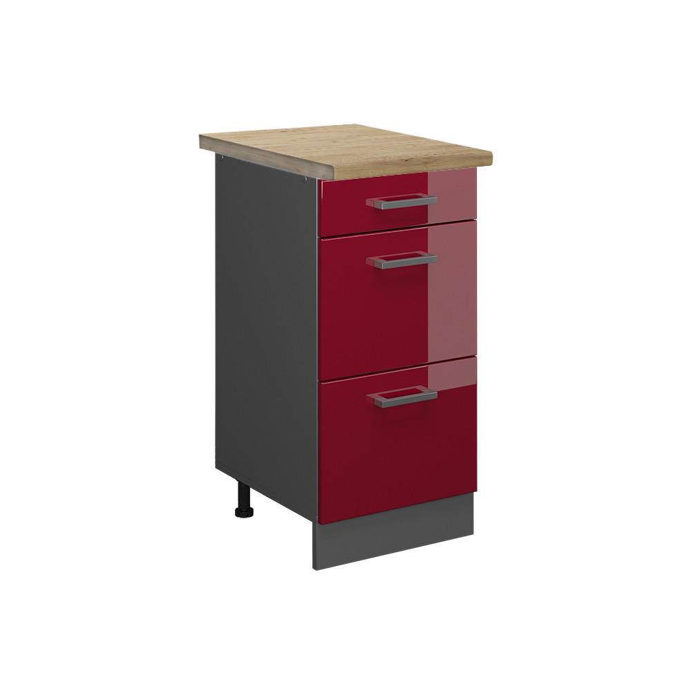 KÜCHENUNTERSCHRANK R-Line Bordeaux Hochglanz 40 cm mit Schubladen AP Eiche - Bordeaux/Anthrazit, Holzwerkstoff (40/81.6/60cm) - Vicco