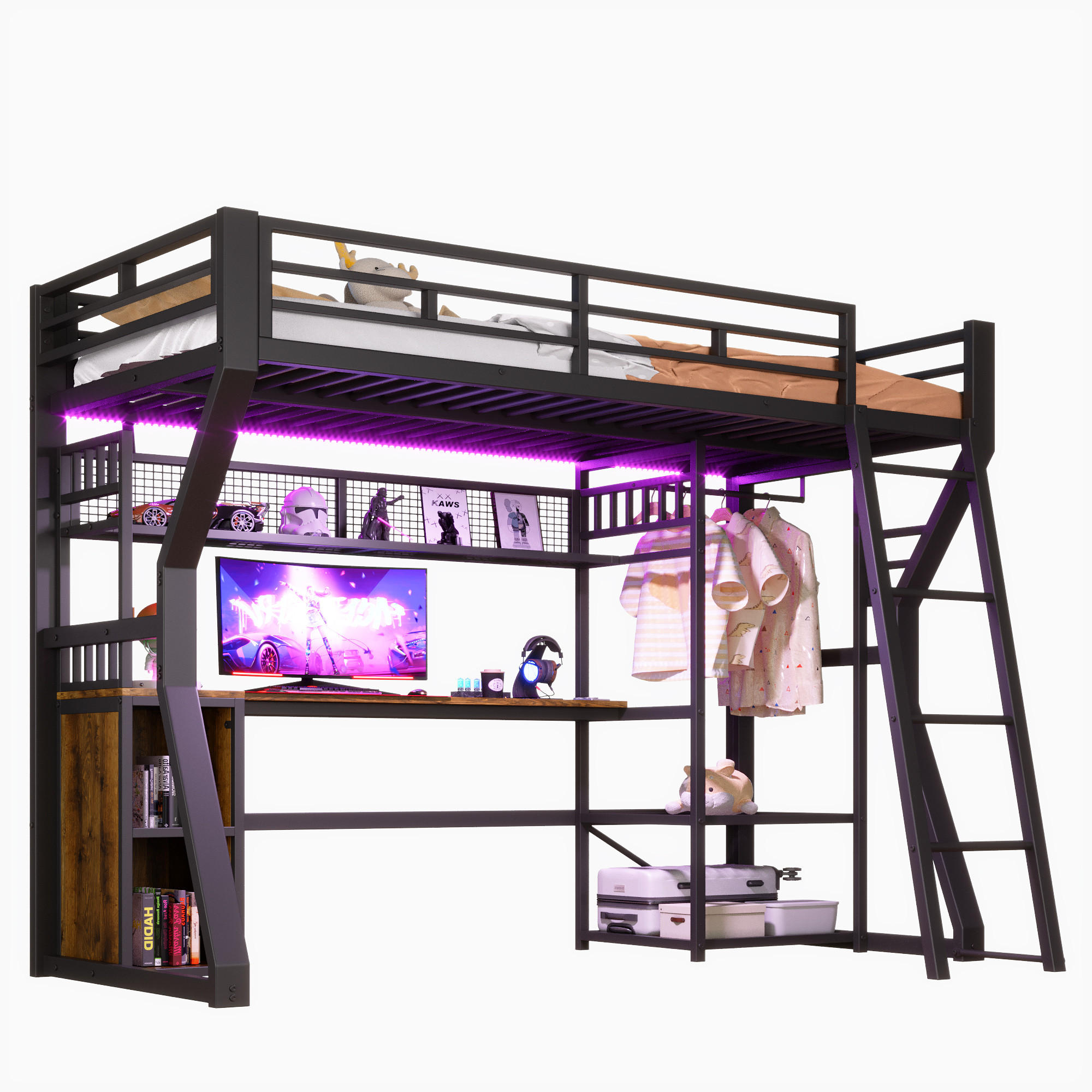 HOCHBETT 90/200 cm in Schwarz mit Lichtleiste, Steckdose, Schreibtisch und Staufächern aus MDF und Metall - Schwarz, Holzwerkstoff/Metall (90/200cm) - CHICFURN