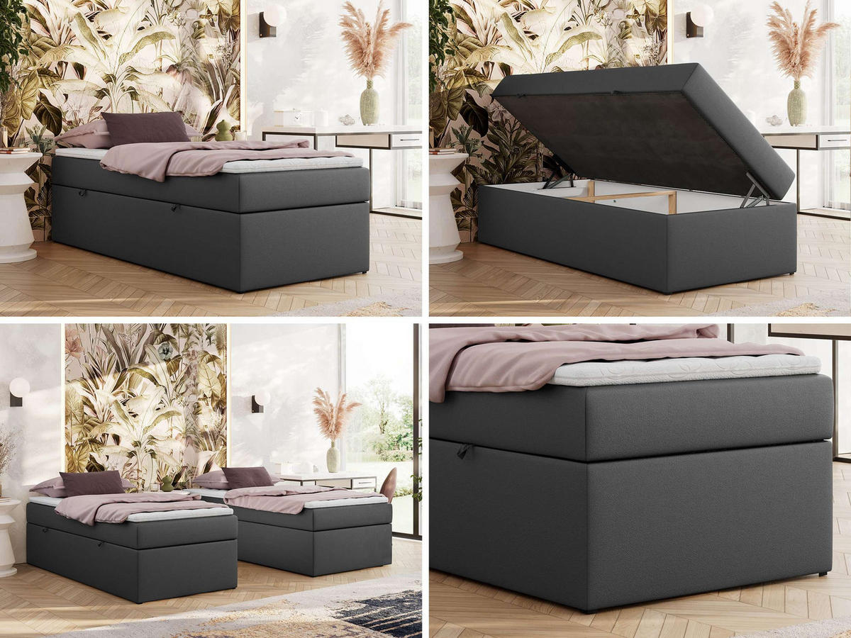 BOXBETT ZERO 90/200 - Dunkelgrau Kunstleder - H3 - Topper T25 - Grau, Textil (90/200cm) - MKS