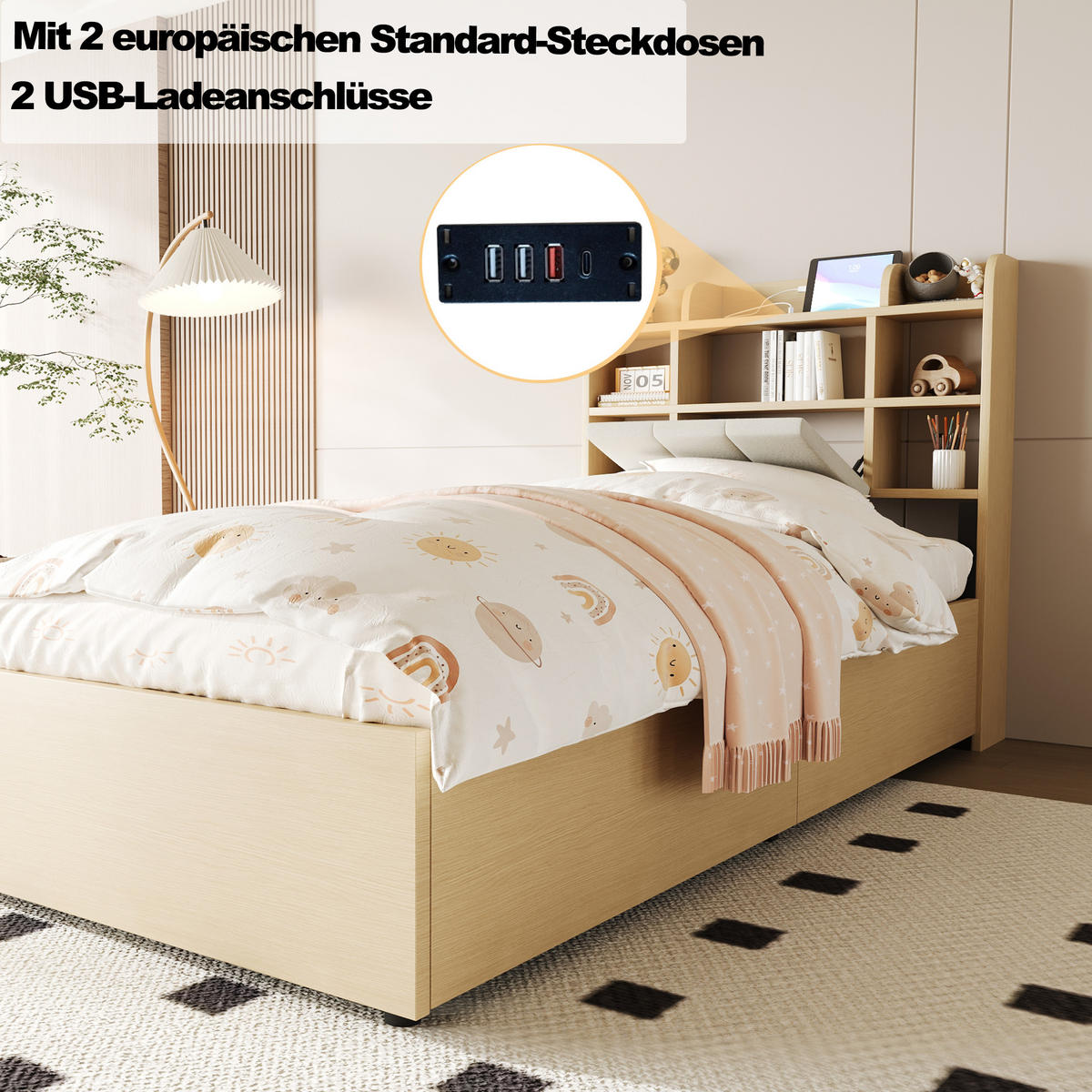BETT 90x200 Holz Hydraulik Kopfteil Stauraum USB Holzfarbe - Naturfarben, Holzwerkstoff - FLIEKS