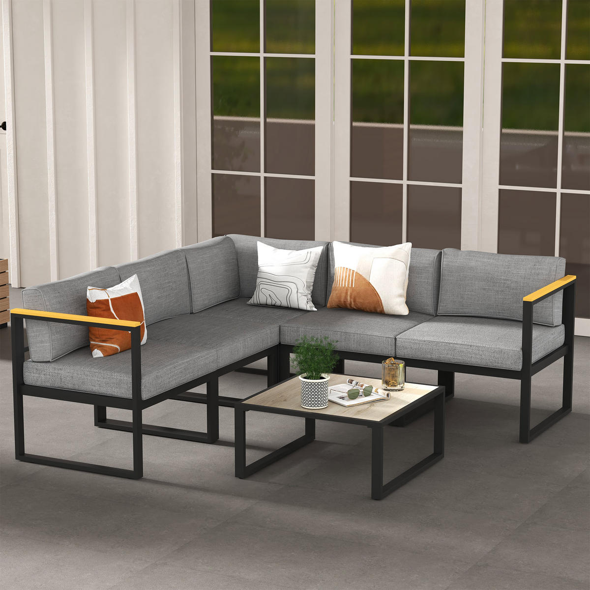 LOUNGEGARNITUR 6-teilig DE-13398 Schwarz/Holzoptik - Grau, Metall - ComfortXL