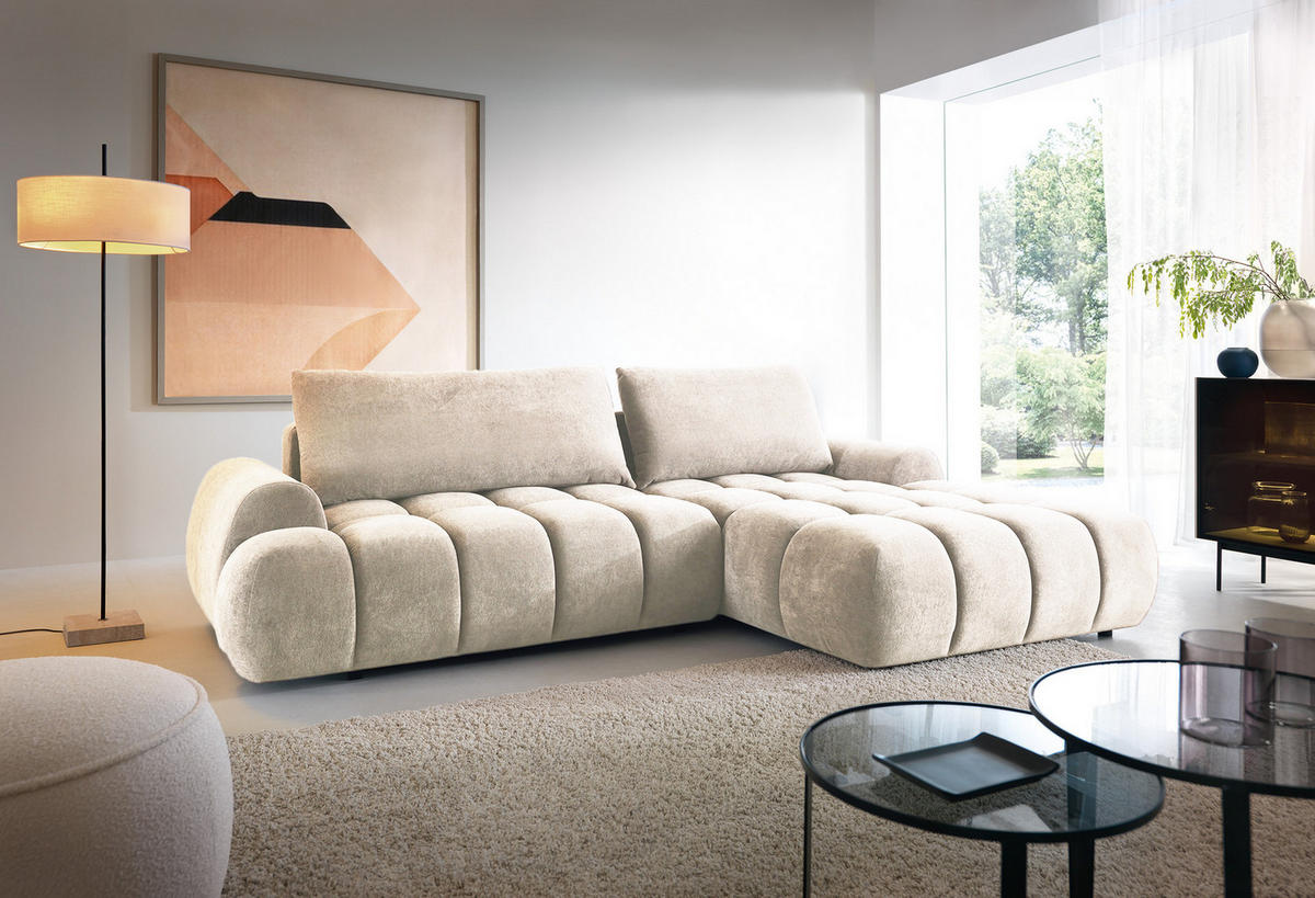 ECKSOFA 280 cm Valerio mit Bettkasten, 280 cm, Rechts, Schlaffunktion, Vanille - Ecru, Holz (177/280cm) - Emporius