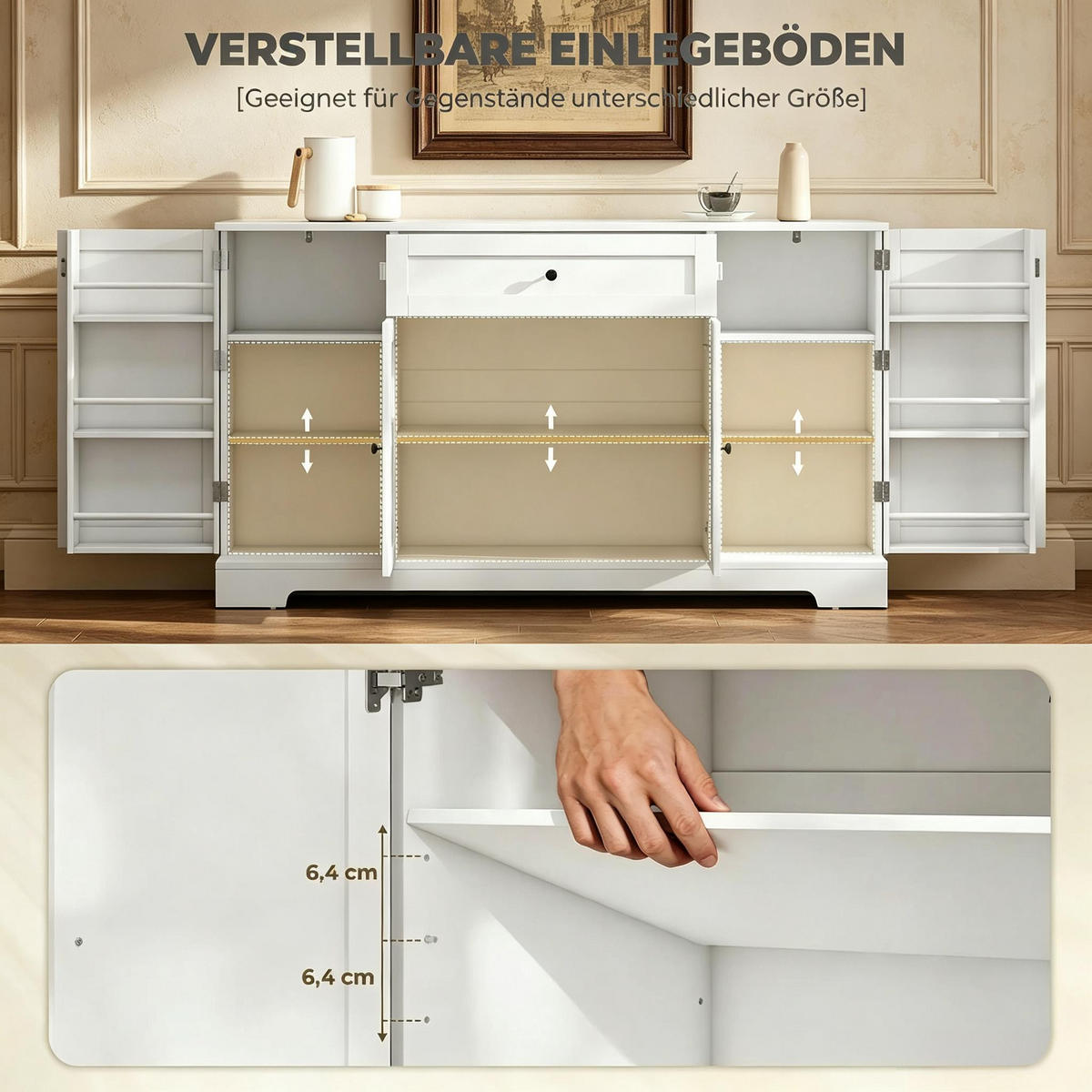 SIDEBOARD DE-38831 140/40/80 cm Schublade und 4 Türen Weiß - Weiß, Holzwerkstoff (140/80/40cm) - ComfortXL
