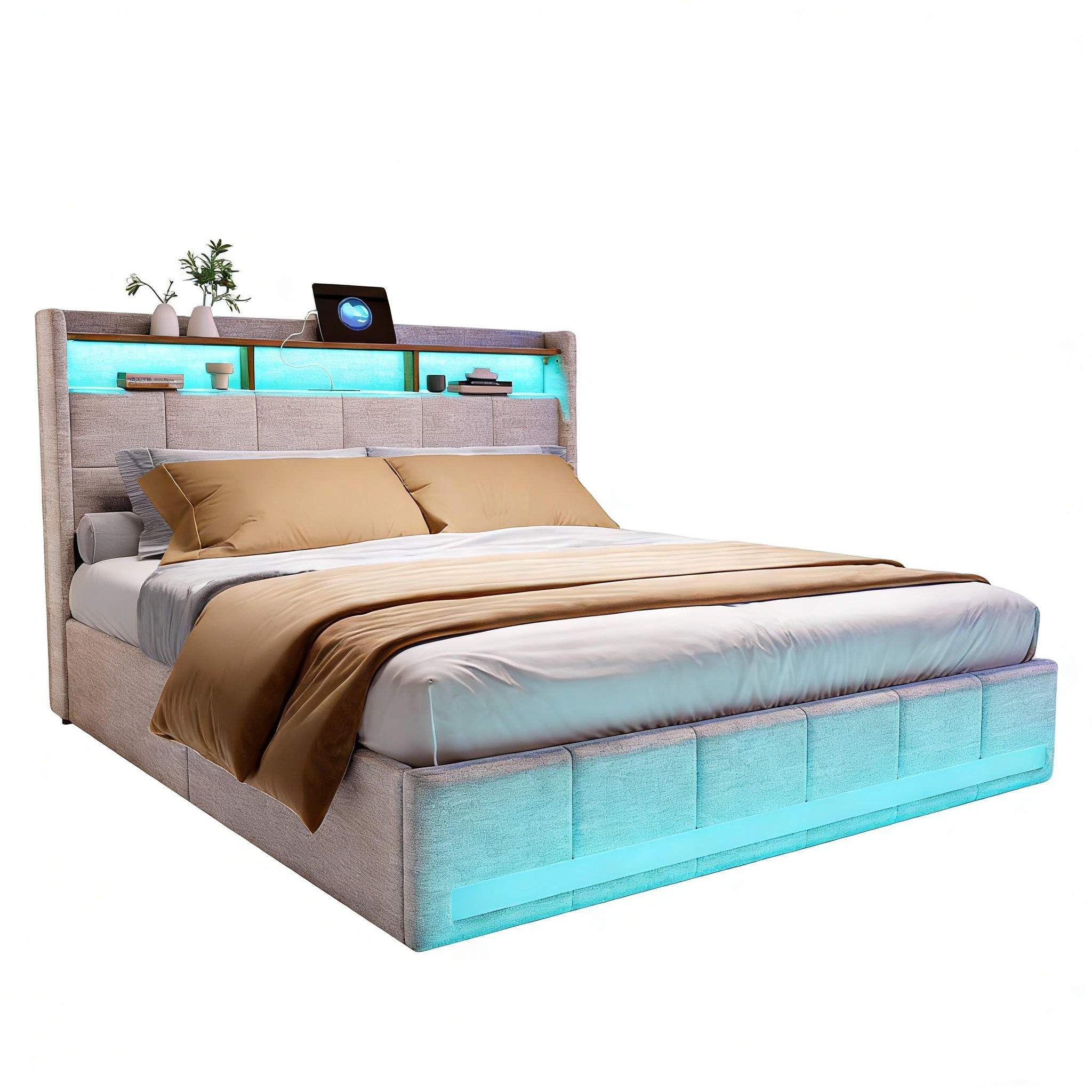 POLSTERBETT,BETT 180x200 mit Schubladen und LED&Ladefunktion,Beige - Beige, Holz/Textil (180/200cm) - PARAFTA HOME