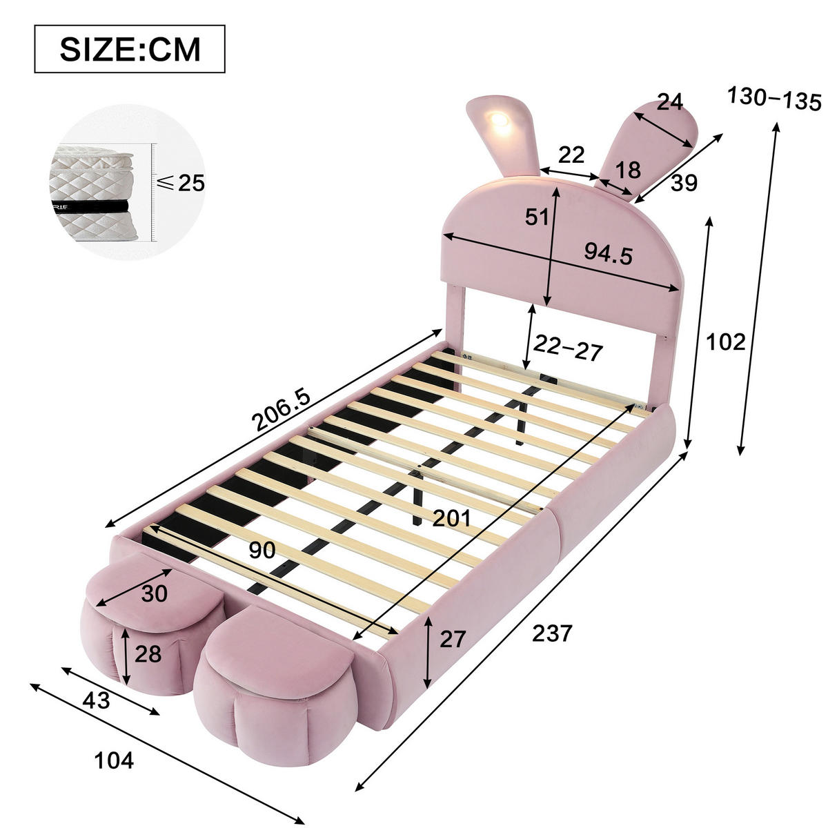 POLSTERBETT 90/200 cm Rosa Hasenohren mit LED-Beleuchtung und Aufbewahrungshockern - Rosa, Textil (90/200cm) - OKWISH