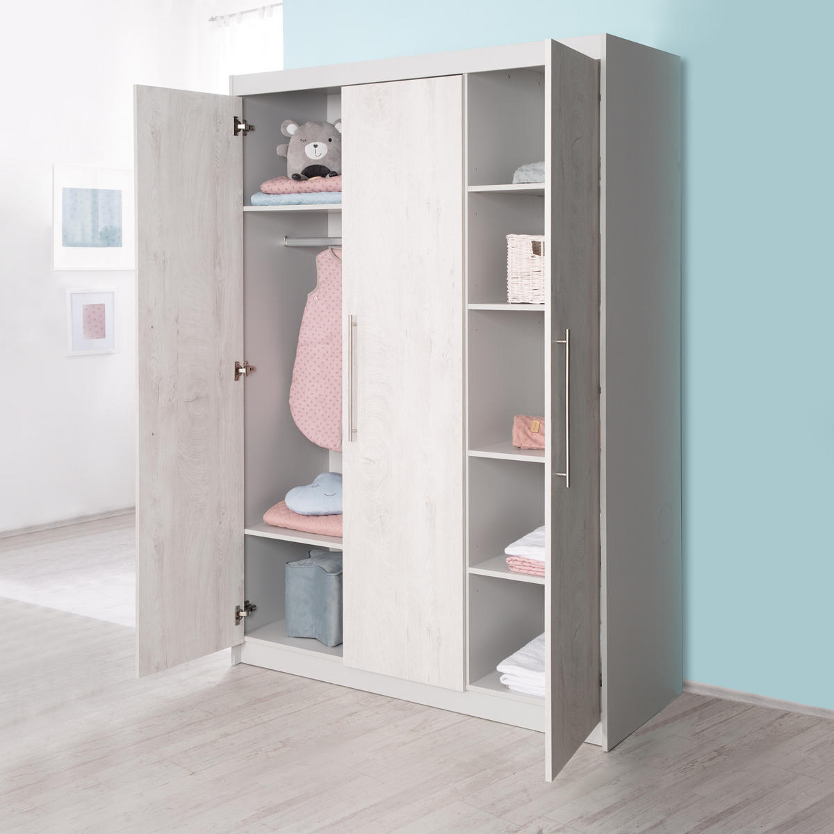 BABYZIMMER-SET Maren 2, mit breiter Wickelkommode, 3-teilig - Hellgrau, Holzwerkstoff (76/80/142cm) - Roba